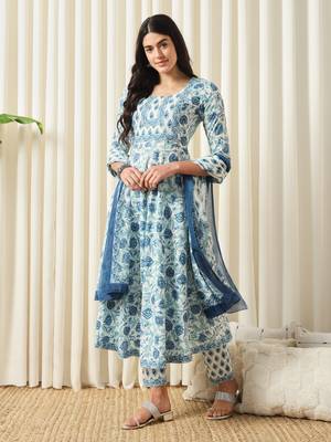 women white and blue anarkali cotton kurta with trousers & with dupatta 2