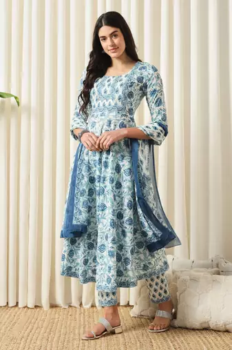 women white and blue anarkali cotton kurta with trousers & with dupatta