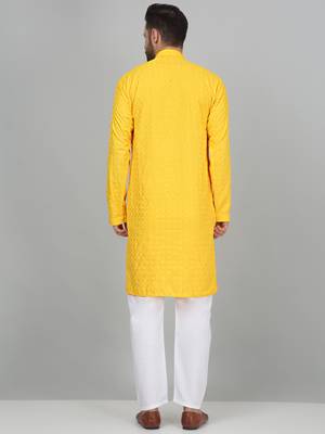 Men cotton embroidered sequined yellow kurta with elastic waistband pyjama 3