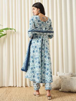 women white and blue anarkali cotton kurta with trousers & with dupatta 3