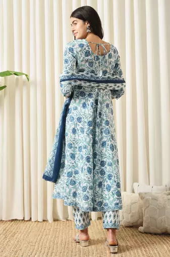women white and blue anarkali cotton kurta with trousers & with dupatta