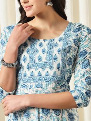 women white and blue anarkali cotton kurta with trousers & with dupatta 4
