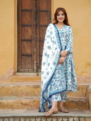 women blue angrakha kurta pant dupatta set 1