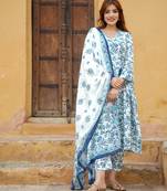 women blue angrakha kurta pant dupatta set