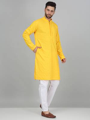 Men cotton embroidered sequined yellow kurta with elastic waistband pyjama 4