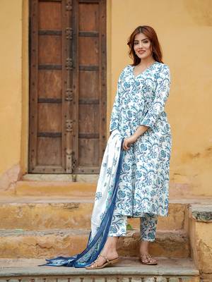 women blue angrakha kurta pant dupatta set 2
