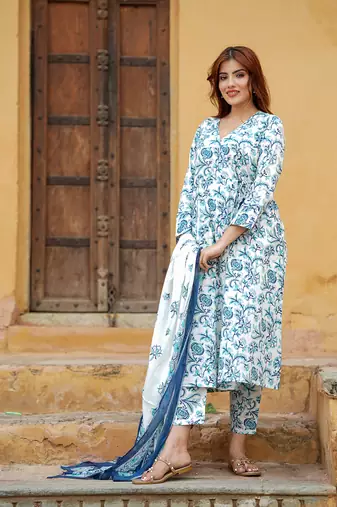 women blue angrakha kurta pant dupatta set