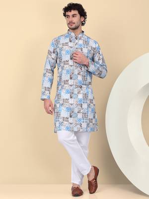 Men cotton blue abstract printed kurta with elastic waistband pyjama 1