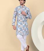Men cotton blue abstract printed kurta with elastic waistband pyjama
