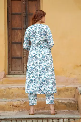 women blue angrakha kurta pant dupatta set