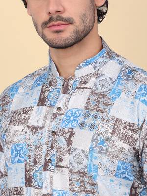 Men cotton blue abstract printed kurta with elastic waistband pyjama 2