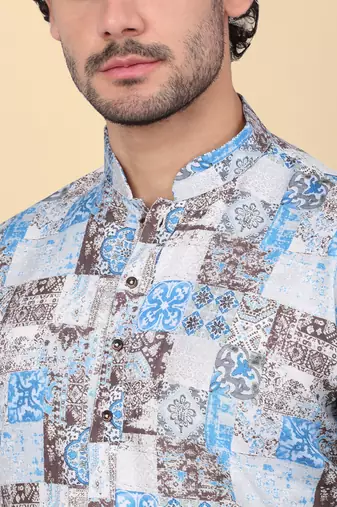 Men cotton blue abstract printed kurta with elastic waistband pyjama