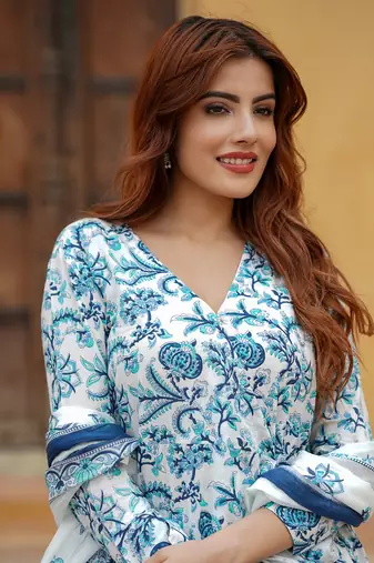 women blue angrakha kurta pant dupatta set