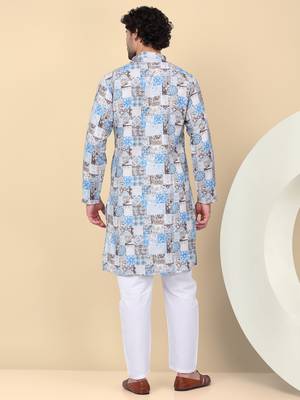 Men cotton blue abstract printed kurta with elastic waistband pyjama 3