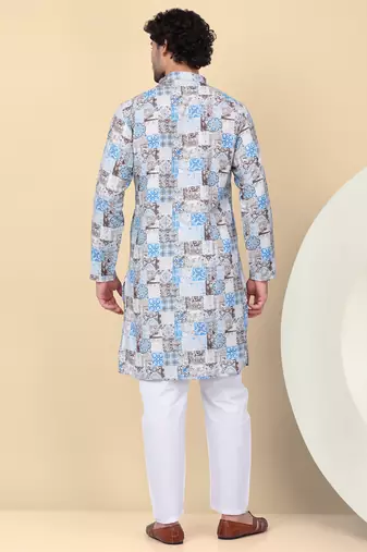 Men cotton blue abstract printed kurta with elastic waistband pyjama