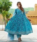 women blue angrakha kurta pant dupatta set