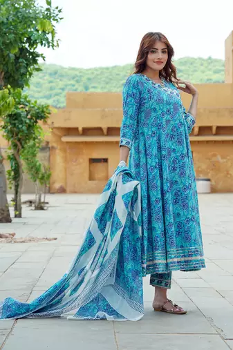women blue angrakha kurta pant dupatta set