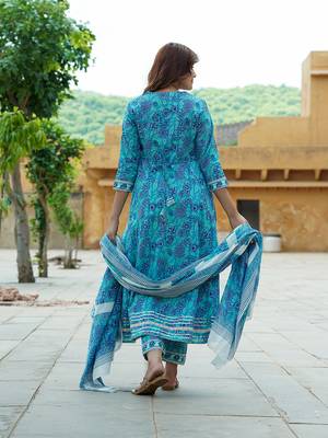 women blue angrakha kurta pant dupatta set 3