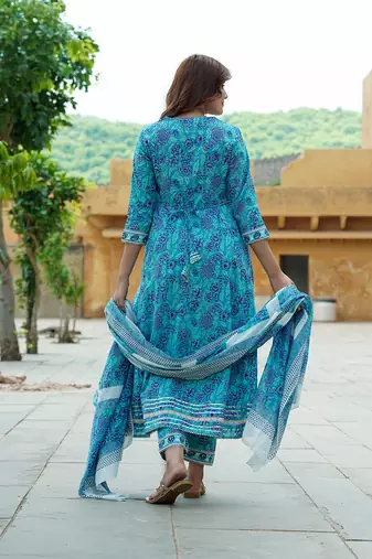 women blue angrakha kurta pant dupatta set