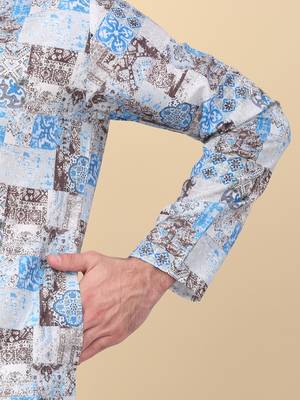 Men cotton blue abstract printed kurta with elastic waistband pyjama 4