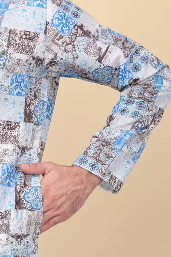 Men cotton blue abstract printed kurta with elastic waistband pyjama