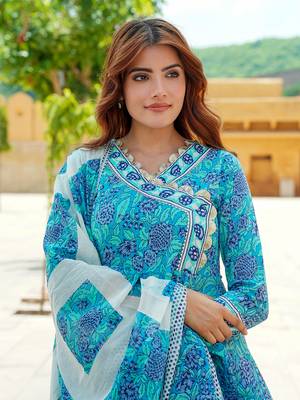 women blue angrakha kurta pant dupatta set 4