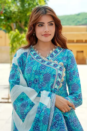 women blue angrakha kurta pant dupatta set