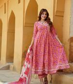 women pink angrakha kurta pant dupatta set