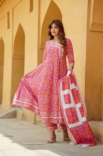 women pink angrakha kurta pant dupatta set