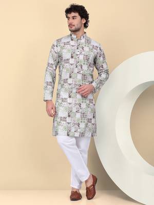Men cotton green abstract printed kurta with elastic waistband pyjama 1
