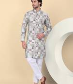 Men cotton green abstract printed kurta with elastic waistband pyjama