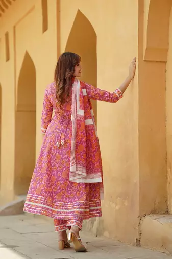 women pink angrakha kurta pant dupatta set