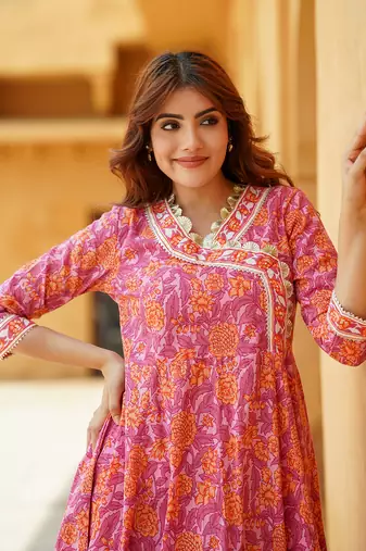 women pink angrakha kurta pant dupatta set