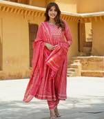 women pink ethnic motifs anarkali kurta pant dupatta set