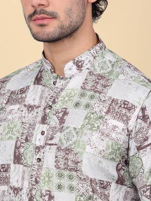 Men cotton green abstract printed kurta with elastic waistband pyjama 2