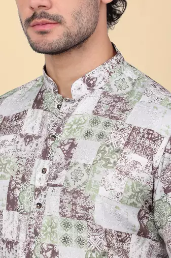 Men cotton green abstract printed kurta with elastic waistband pyjama