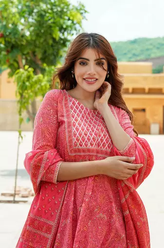 women pink ethnic motifs anarkali kurta pant dupatta set