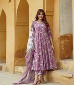 women mauve floral anarkali kurta pant dupatta set