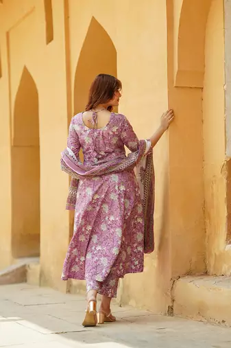 women mauve floral anarkali kurta pant dupatta set