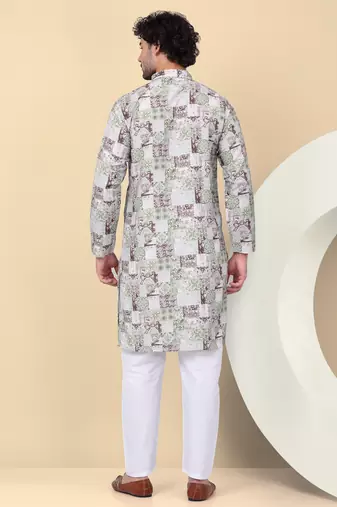 Men cotton green abstract printed kurta with elastic waistband pyjama