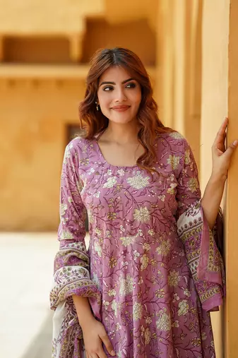 women mauve floral anarkali kurta pant dupatta set