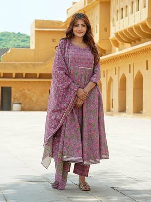 women mauve gotta patti anarkali kurta pant dupatta set 1