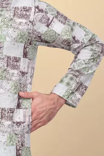 Men cotton green abstract printed kurta with elastic waistband pyjama