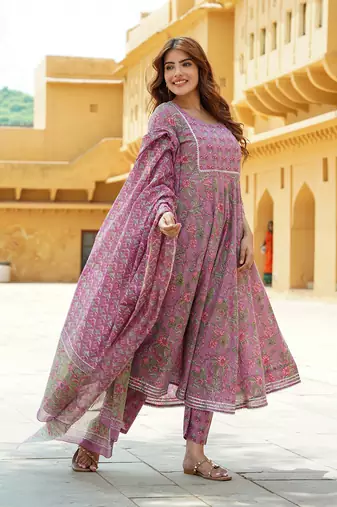 women mauve gotta patti anarkali kurta pant dupatta set