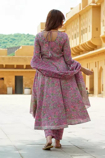 women mauve gotta patti anarkali kurta pant dupatta set