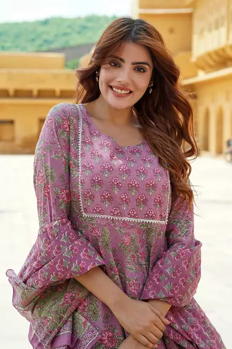 women mauve gotta patti anarkali kurta pant dupatta set