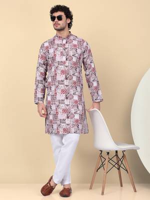 Men cotton maroon abstract printed kurta with elastic waistband pyjama 1