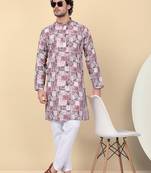 Men cotton maroon abstract printed kurta with elastic waistband pyjama
