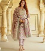 women mauve straight kurta pant dupatta set