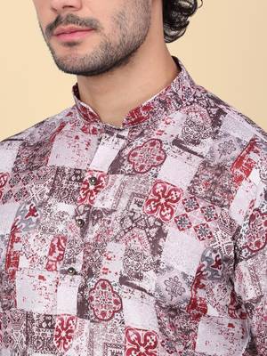 Men cotton maroon abstract printed kurta with elastic waistband pyjama 2